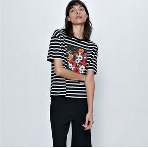 Zara Black and White Striped Tee with Floral Design
